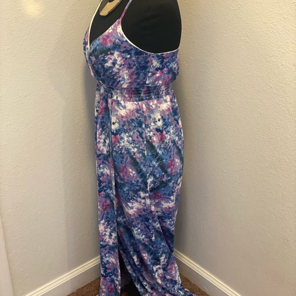 2 FOR $20 Cynthia Rowley Purple Blue Tie Dye Maxi Dress V Neck Smocked Slit XS - Picture 2 of 5